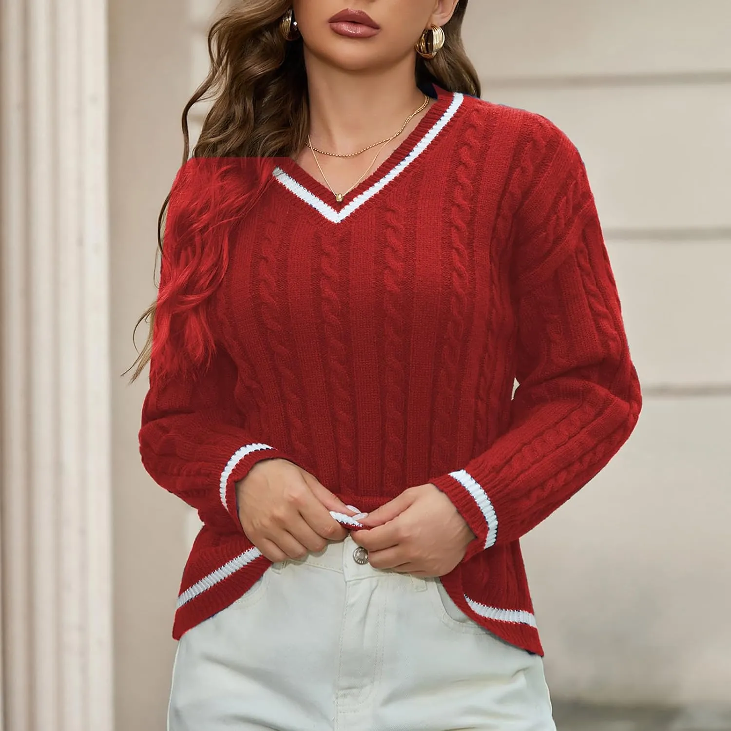 Cable Knit Sweater Women Casual Baggy Lightweight Vintage Pullover Sweater Vneck Fall Fashion Loose Preppy Jumper Top