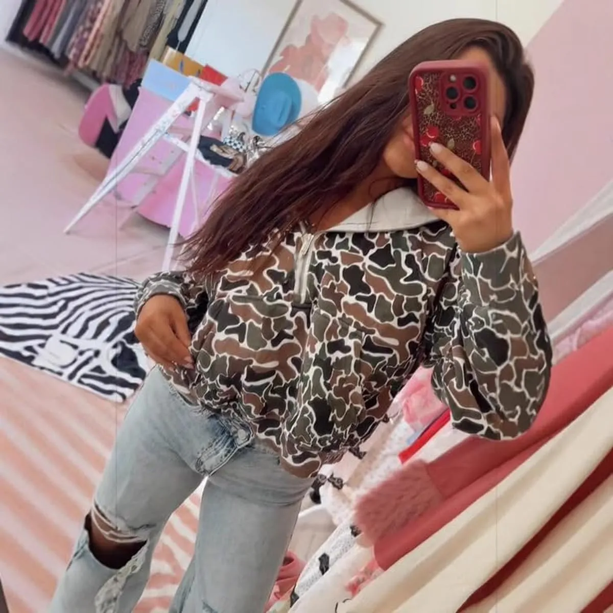 Camo Hoodie Y2k Quarter Zip Pullover Sweater Women Oversized Cute Hoodie Colorful Patchwork Cow Print Hoodies
