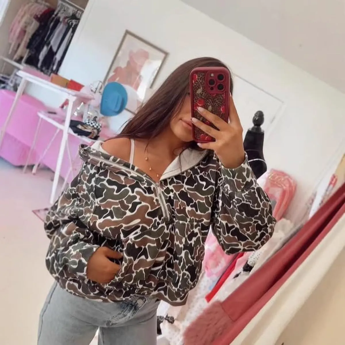 Camo Hoodie Y2k Quarter Zip Pullover Sweater Women Oversized Cute Hoodie Colorful Patchwork Cow Print Hoodies