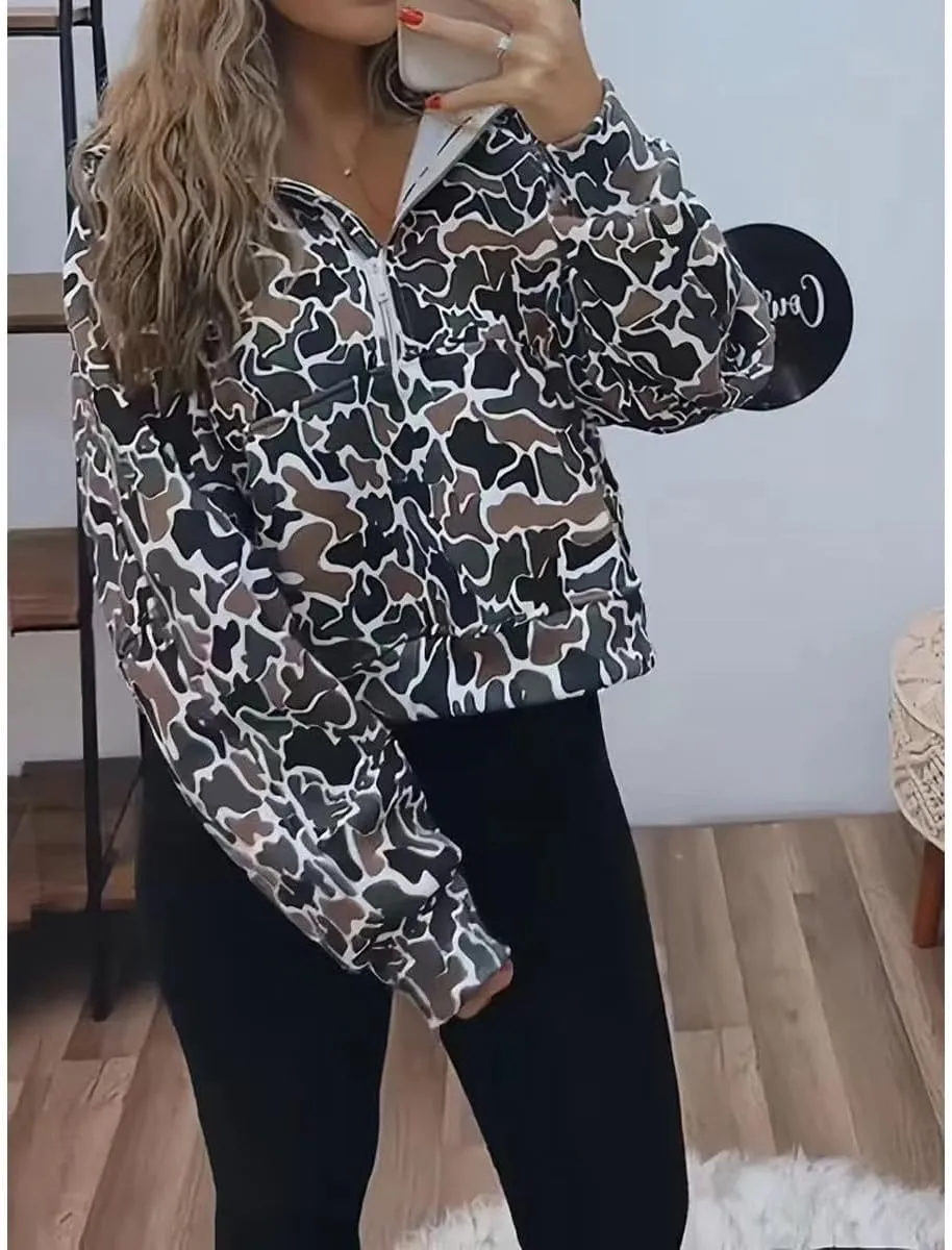 Camo Hoodie Y2k Quarter Zip Pullover Sweater Women Oversized Cute Hoodie Colorful Patchwork Cow Print Hoodies