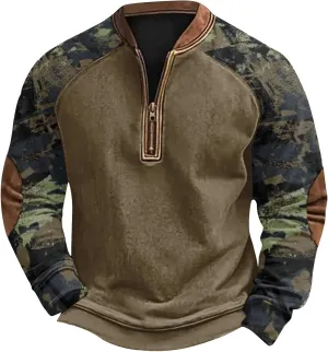 Camoflauge Quarter Zip Sweatshirt Men Plus Size Military Long Sleeve Fall Camouflage Pullover Sweatshirts