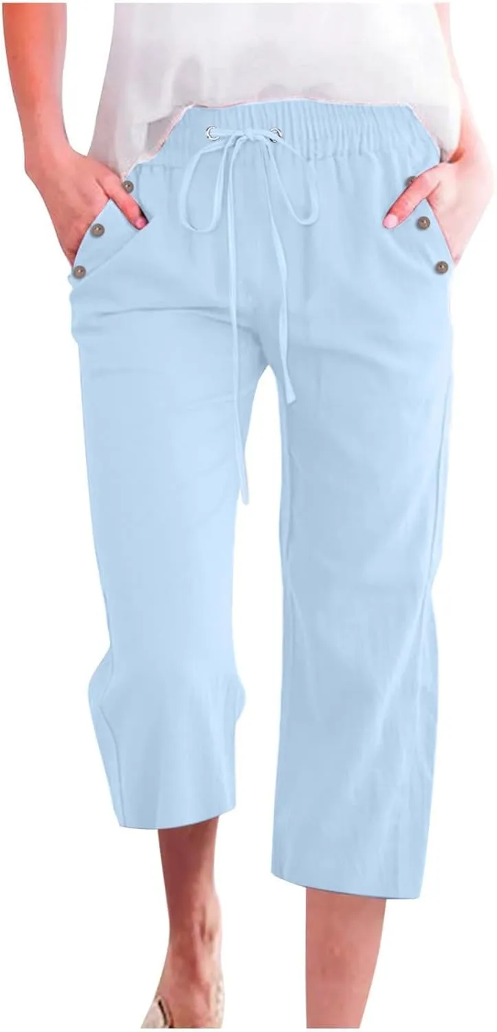 Capri Pants for Women, Casual Summer Drawstring High Waist Linen Pants Elastic Straight Wide Leg Plus Size Capris