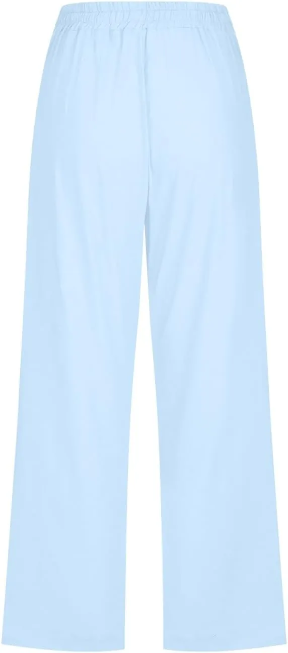 Capri Pants for Women, Casual Summer Drawstring High Waist Linen Pants Elastic Straight Wide Leg Plus Size Capris