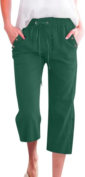 Capri Pants for Women, Casual Summer Drawstring High Waist Linen Pants Elastic Straight Wide Leg Plus Size Capris