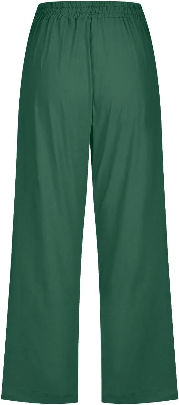 Capri Pants for Women, Casual Summer Drawstring High Waist Linen Pants Elastic Straight Wide Leg Plus Size Capris