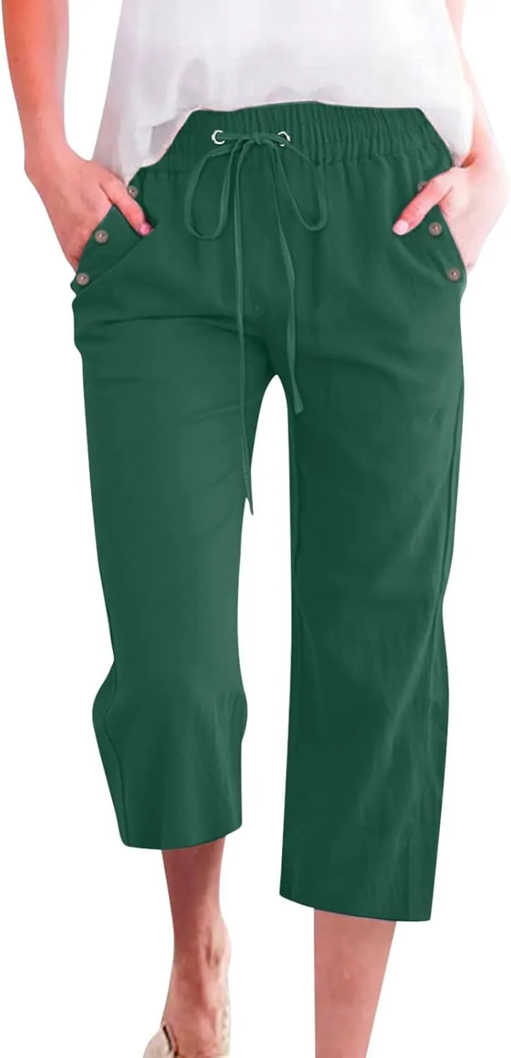 Capri Pants for Women, Casual Summer Drawstring High Waist Linen Pants Elastic Straight Wide Leg Plus Size Capris