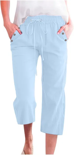 Capri Pants for Women, Casual Summer Drawstring High Waist Linen Pants Elastic Straight Wide Leg Plus Size Capris