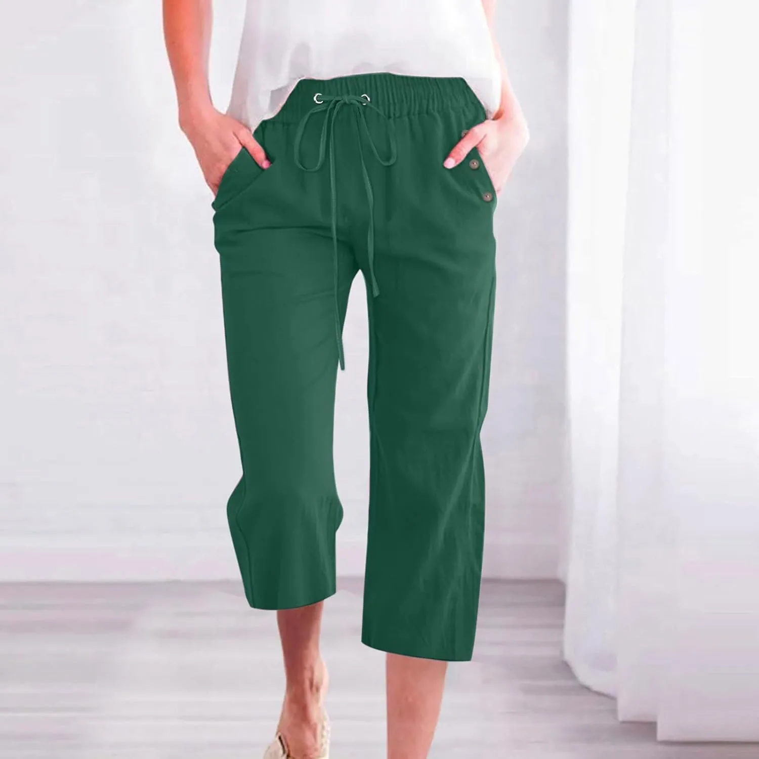 Capri Pants for Women, Casual Summer Drawstring High Waist Linen Pants Elastic Straight Wide Leg Plus Size Capris