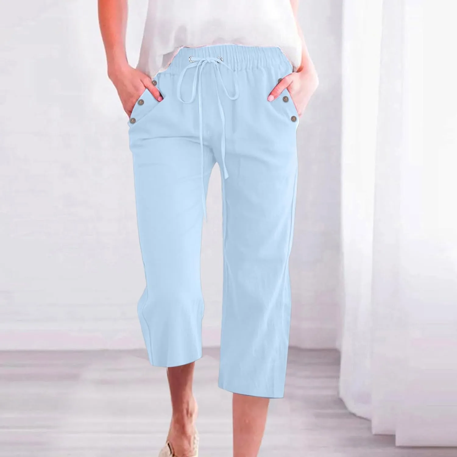 Capri Pants for Women, Casual Summer Drawstring High Waist Linen Pants Elastic Straight Wide Leg Plus Size Capris