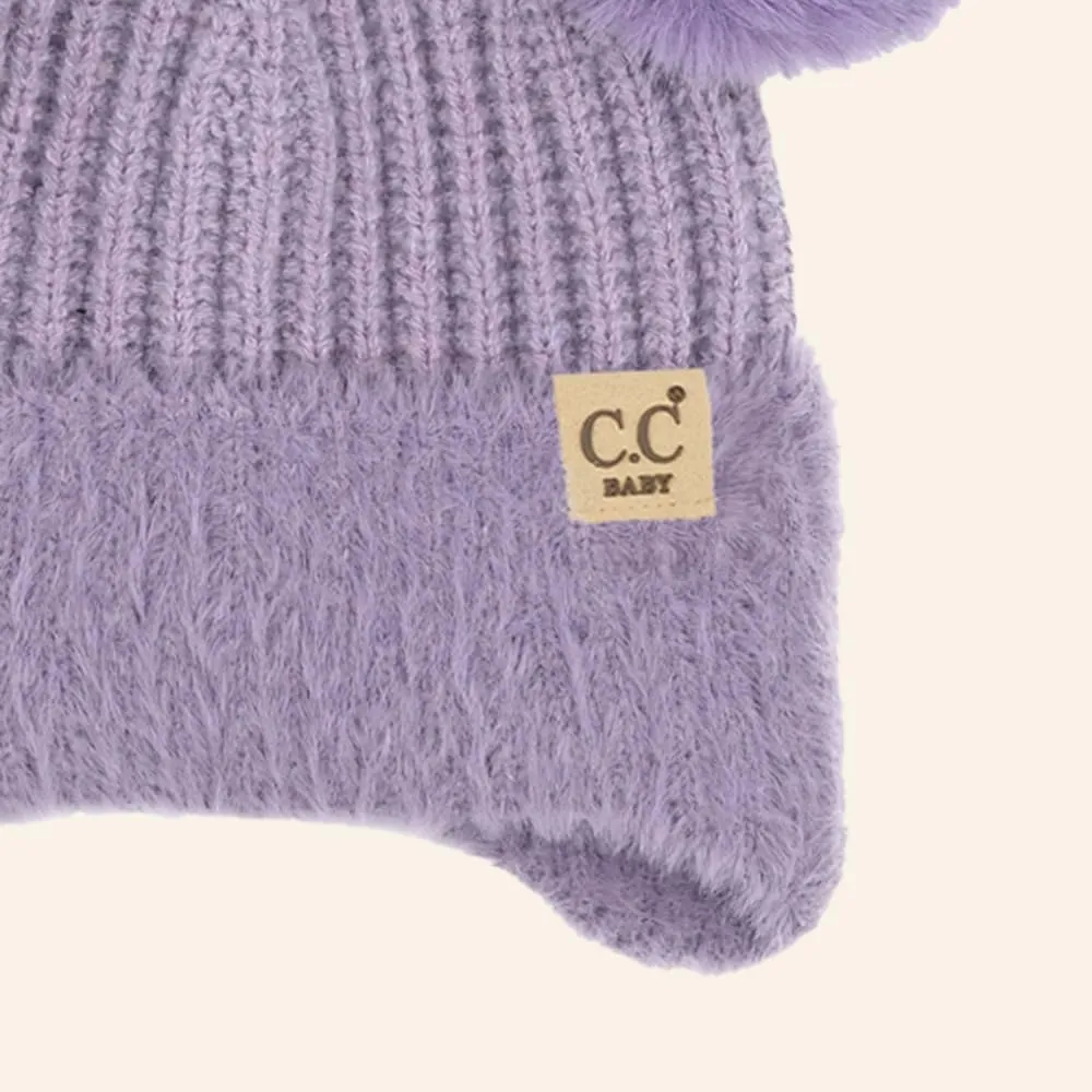 C.C Baby Double Fur Pom Pom Beanie with Ear Flap for Boys Girls - Comfortable Soft Warm Infant Toddler Baby Knit Skully Hat