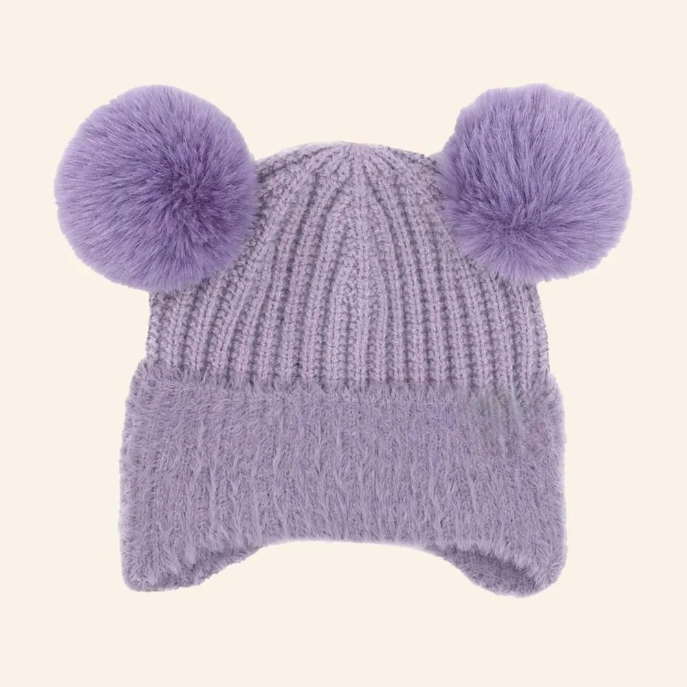 C.C Baby Double Fur Pom Pom Beanie with Ear Flap for Boys Girls - Comfortable Soft Warm Infant Toddler Baby Knit Skully Hat