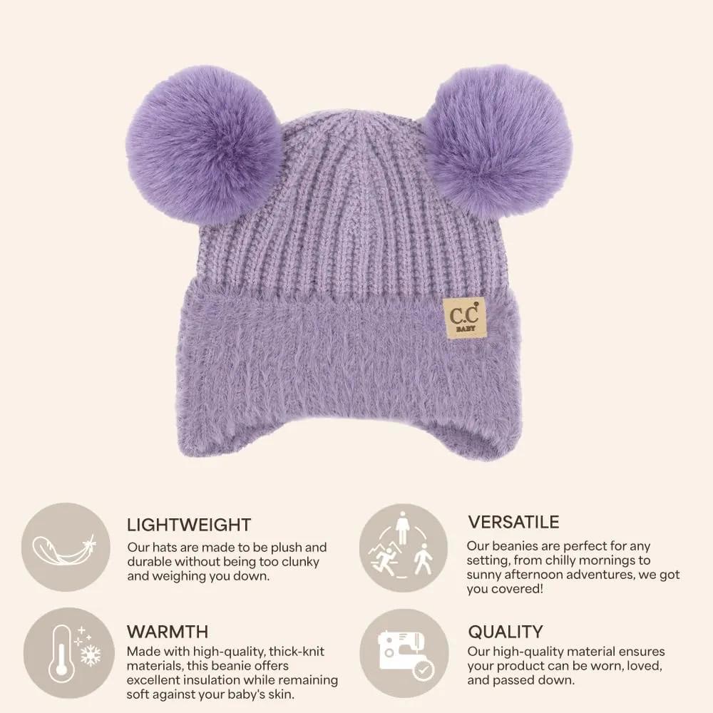 C.C Baby Double Fur Pom Pom Beanie with Ear Flap for Boys Girls - Comfortable Soft Warm Infant Toddler Baby Knit Skully Hat