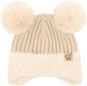 C.C Baby Double Fur Pom Pom Beanie with Ear Flap for Boys Girls - Comfortable Soft Warm Infant Toddler Baby Knit Skully Hat