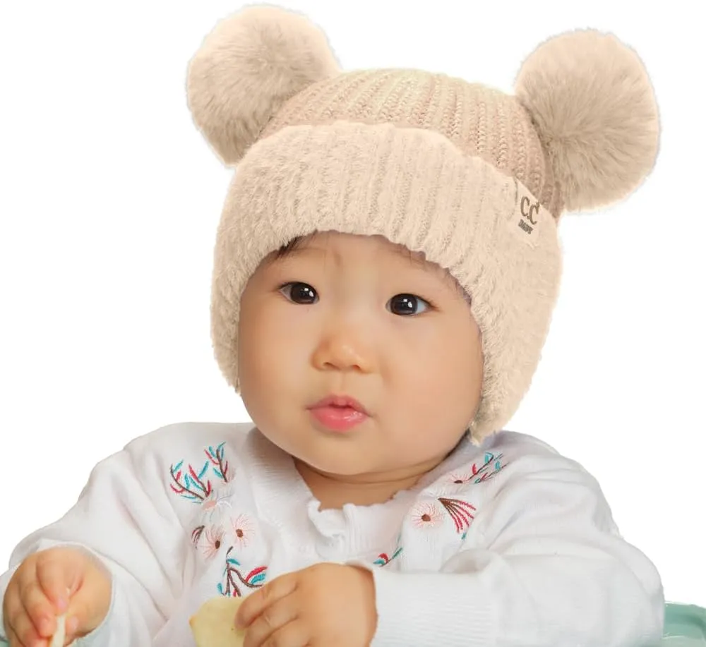 C.C Baby Double Fur Pom Pom Beanie with Ear Flap for Boys Girls - Comfortable Soft Warm Infant Toddler Baby Knit Skully Hat