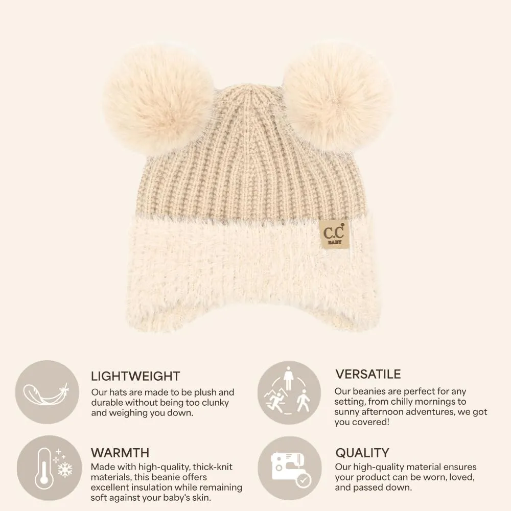 C.C Baby Double Fur Pom Pom Beanie with Ear Flap for Boys Girls - Comfortable Soft Warm Infant Toddler Baby Knit Skully Hat