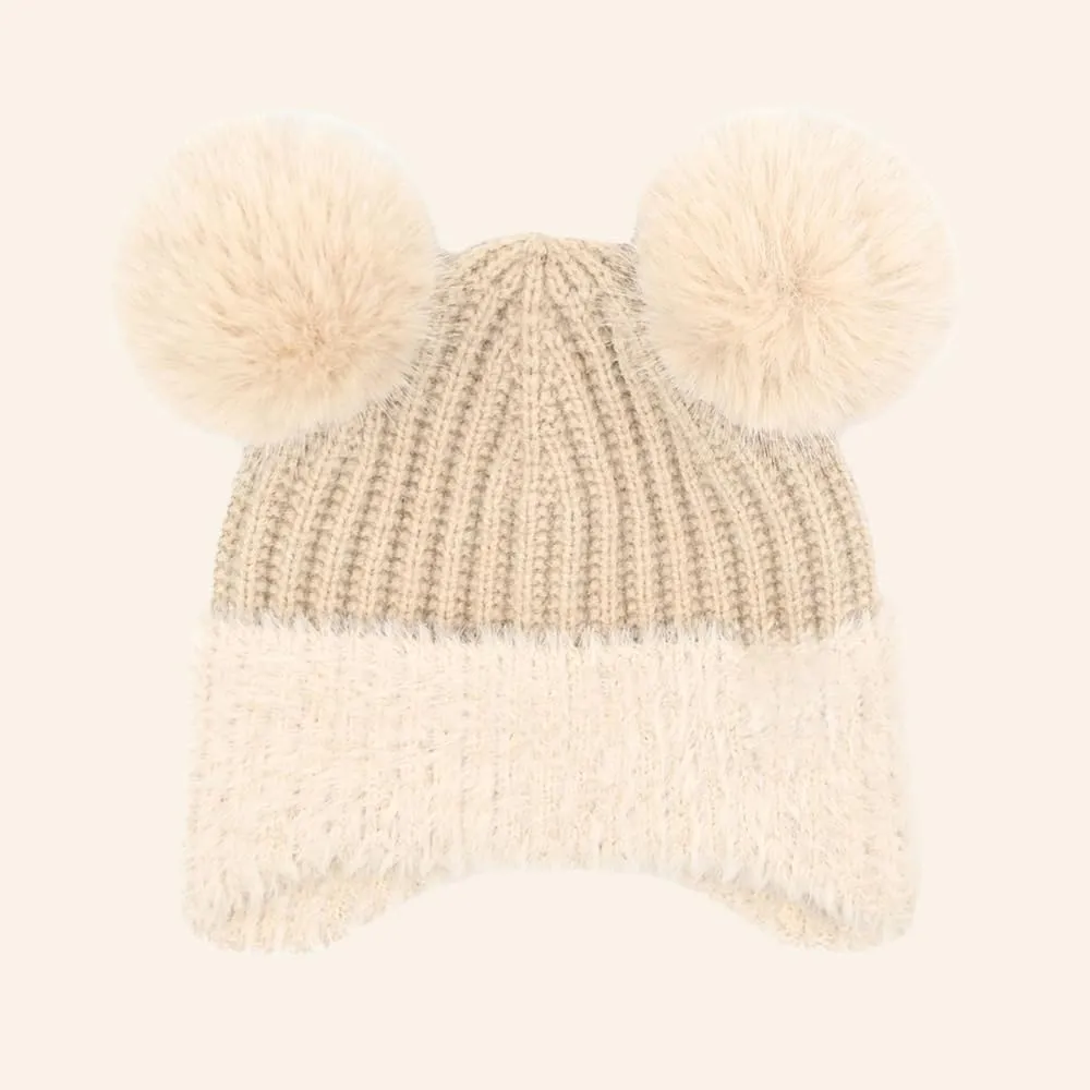 C.C Baby Double Fur Pom Pom Beanie with Ear Flap for Boys Girls - Comfortable Soft Warm Infant Toddler Baby Knit Skully Hat