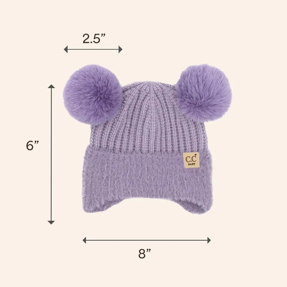 C.C Baby Double Fur Pom Pom Beanie with Ear Flap for Boys Girls - Comfortable Soft Warm Infant Toddler Baby Knit Skully Hat