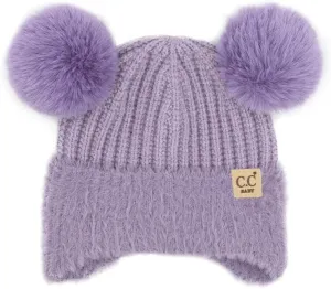 C.C Baby Double Fur Pom Pom Beanie with Ear Flap for Boys Girls - Comfortable Soft Warm Infant Toddler Baby Knit Skully Hat
