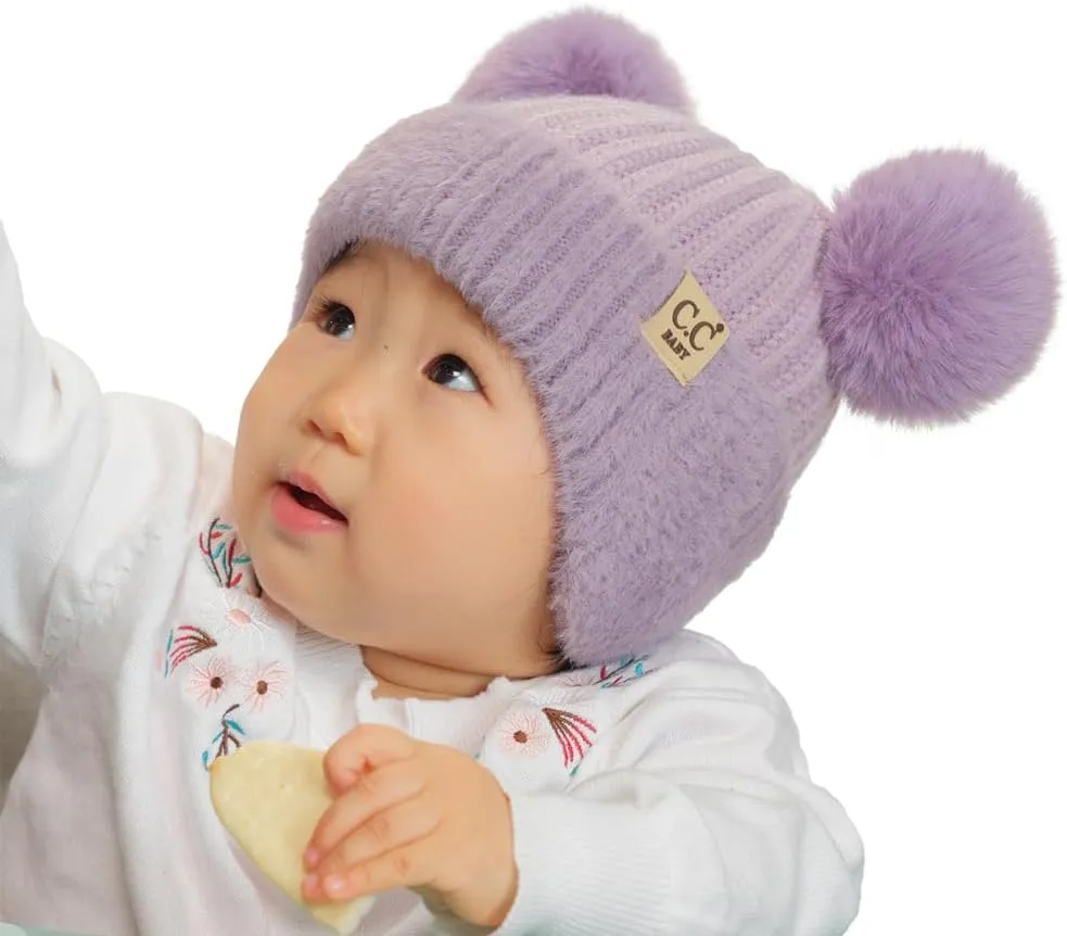 C.C Baby Double Fur Pom Pom Beanie with Ear Flap for Boys Girls - Comfortable Soft Warm Infant Toddler Baby Knit Skully Hat