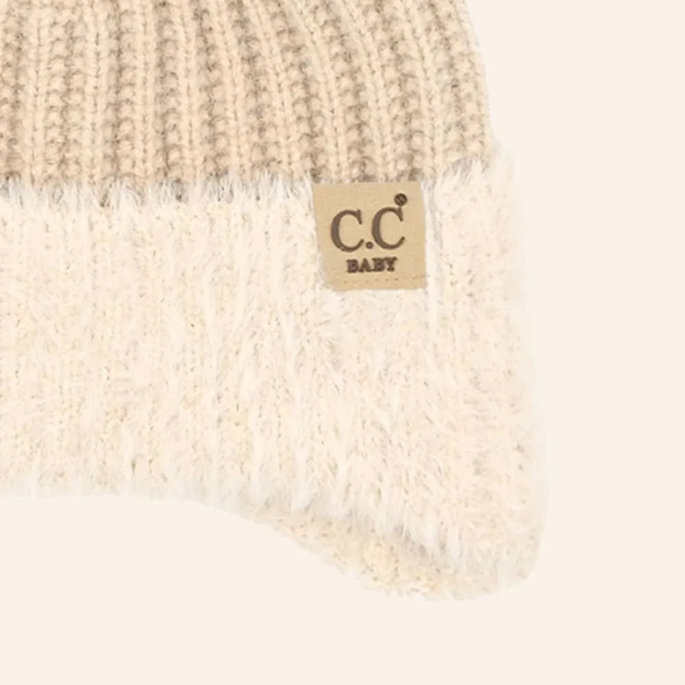 C.C Baby Double Fur Pom Pom Beanie with Ear Flap for Boys Girls - Comfortable Soft Warm Infant Toddler Baby Knit Skully Hat