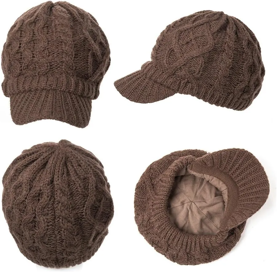 Comhats Womens Winter Wool Newsboy Hats Knitted Billed Crochet Beanies with Brim Skull Visors Ski Casual