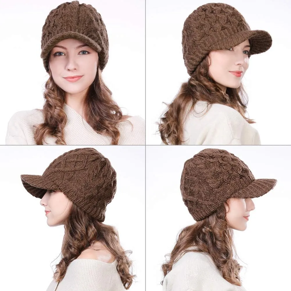 Comhats Womens Winter Wool Newsboy Hats Knitted Billed Crochet Beanies with Brim Skull Visors Ski Casual