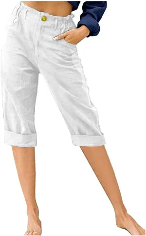 Cotton Linen Capri Pants for Women Casual Summer Straight Leg Trouser Buttons High Waist Cropped Pant with Pocket