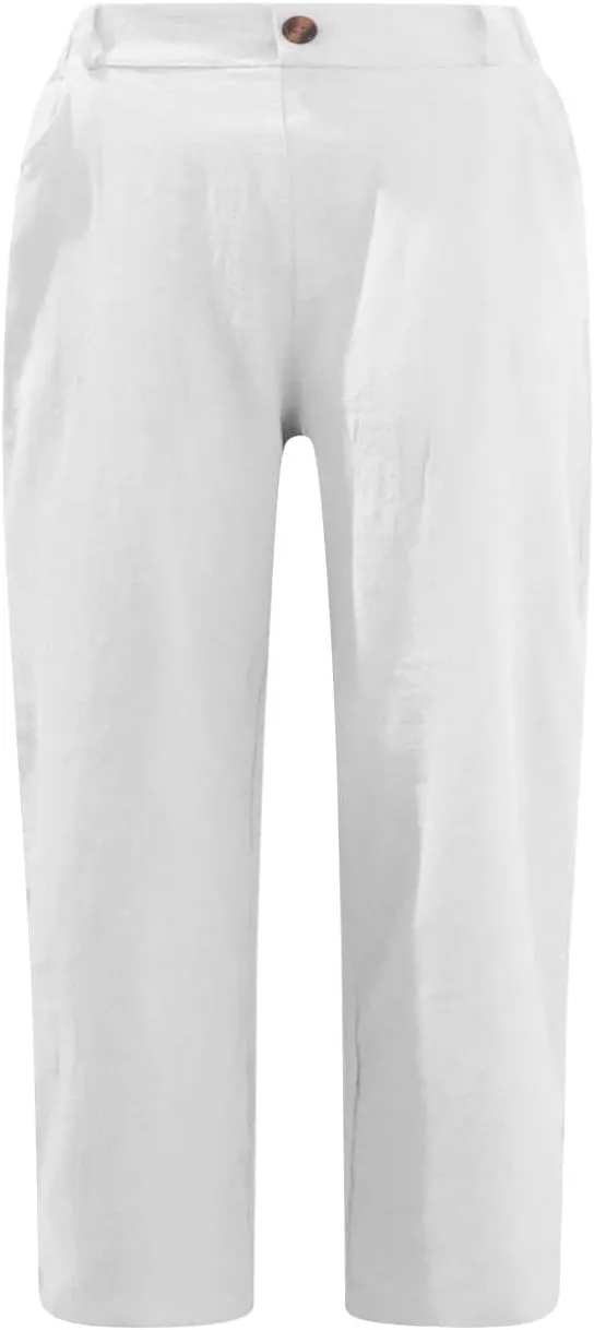Cotton Linen Capri Pants for Women Casual Summer Straight Leg Trouser Buttons High Waist Cropped Pant with Pocket