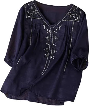 Cotton Linen Tops for Women Summer V Neck Tshirts 3/4 Sleeves Boho Embroidery Dressy Blouse 2025 Causal Loose Tunics