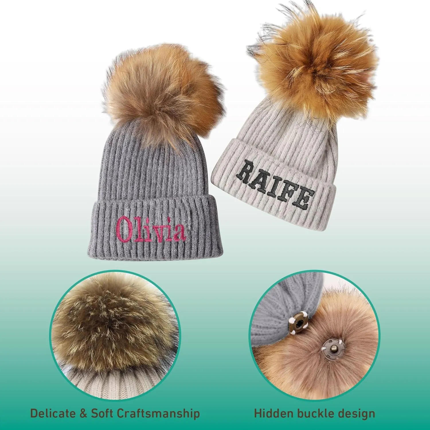 Custom Winter Beanie Hat, Customized Name Pom Pom Beanies Cap, Matching Knitted Hats for Baby Kid Adult