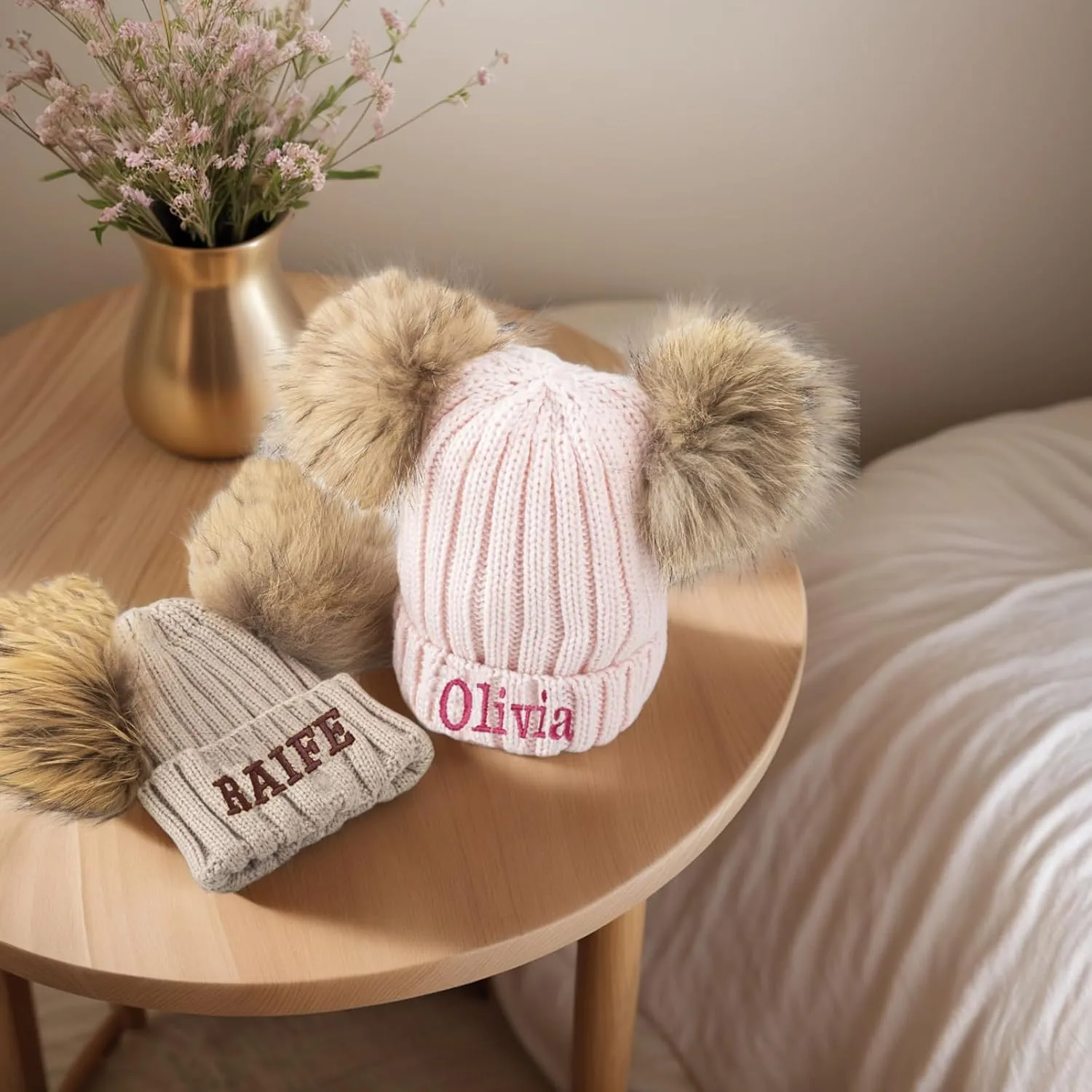 Custom Winter Beanie Hat, Customized Name Pom Pom Beanies Cap, Matching Knitted Hats for Baby Kid Adult