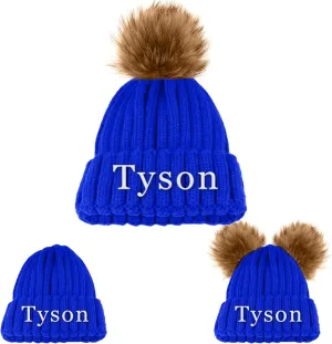 Custom Winter Beanie Hat, Customized Name Pom Pom Beanies Cap, Matching Knitted Hats for Baby Kid Adult