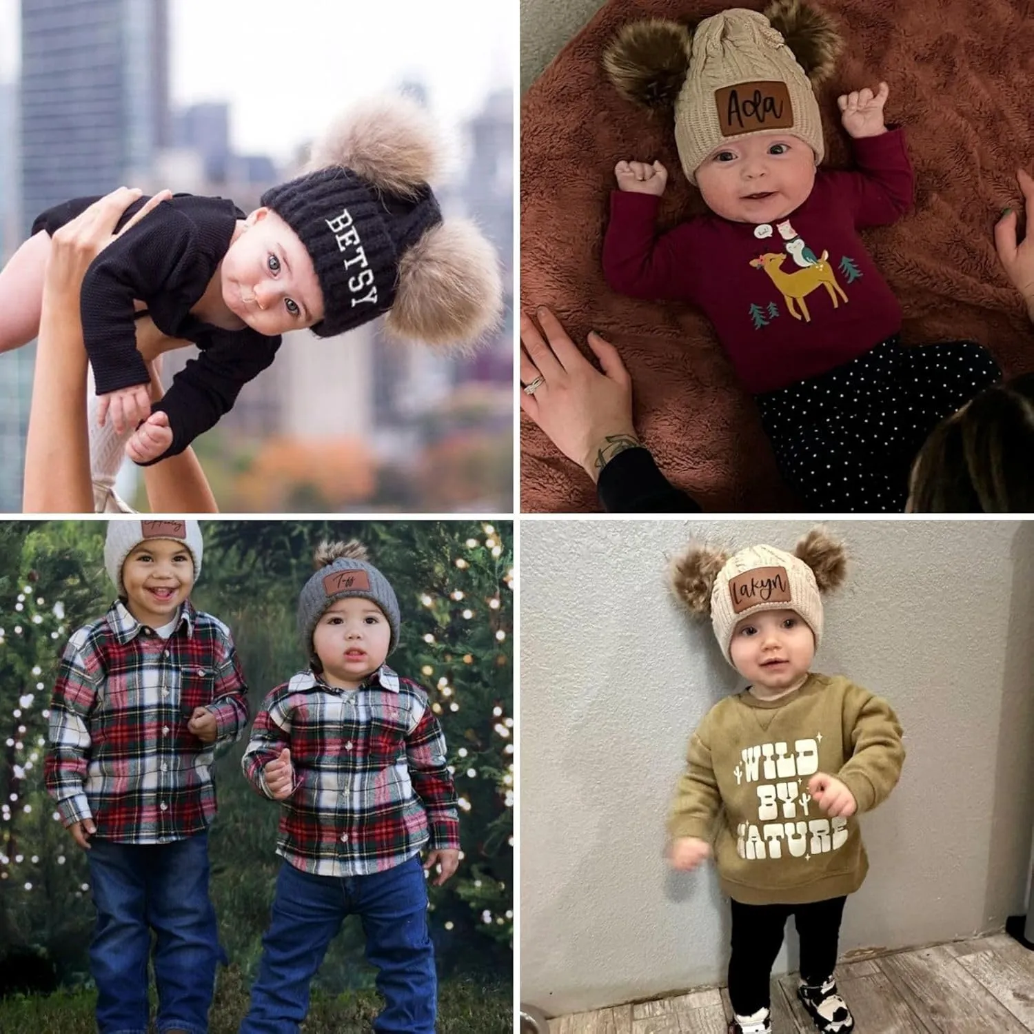 Custom Winter Beanie Hat, Customized Name Pom Pom Beanies Cap, Matching Knitted Hats for Baby Kid Adult