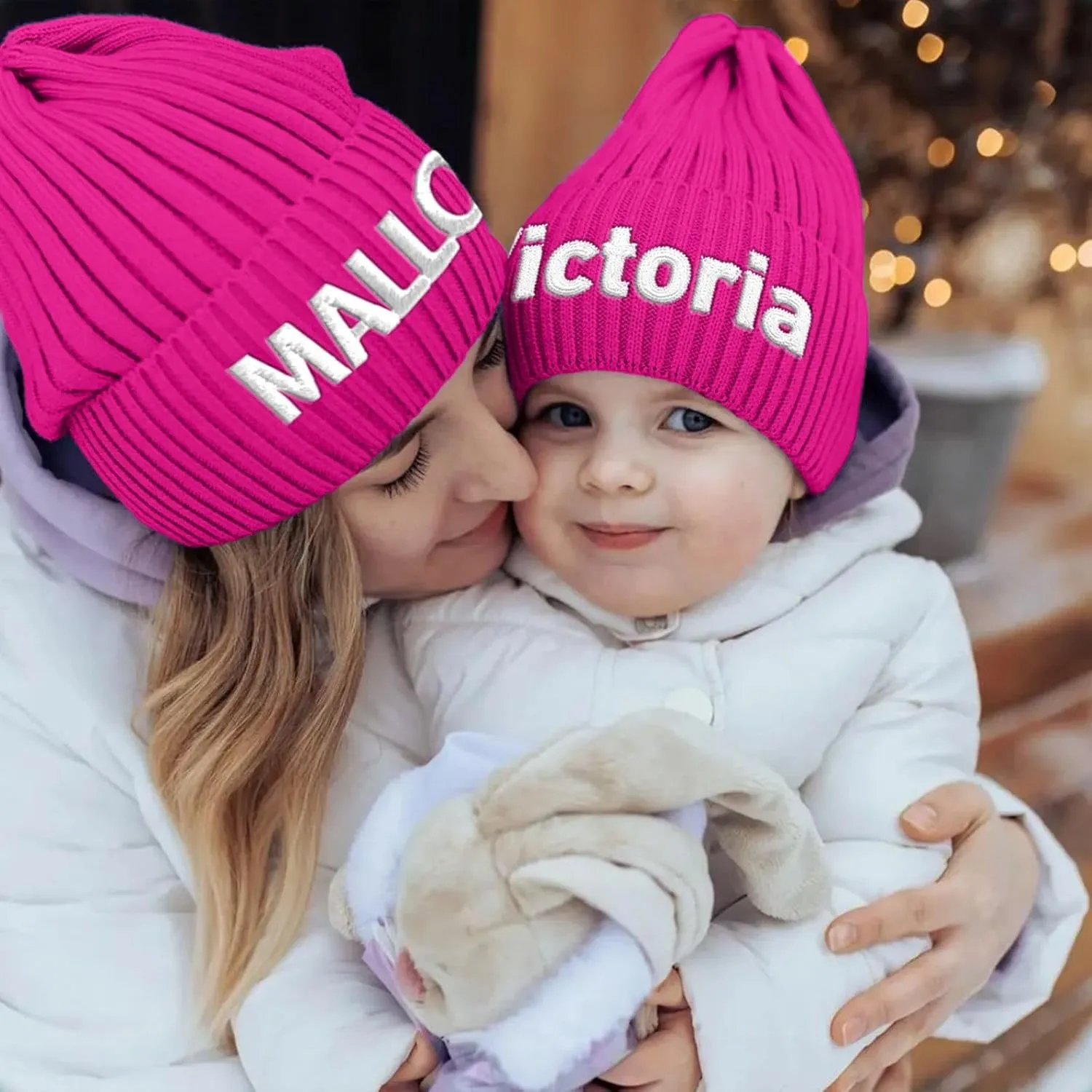 Custom Winter Beanie Hat, Customized Name Pom Pom Beanies Cap, Matching Knitted Hats for Baby Kid Adult