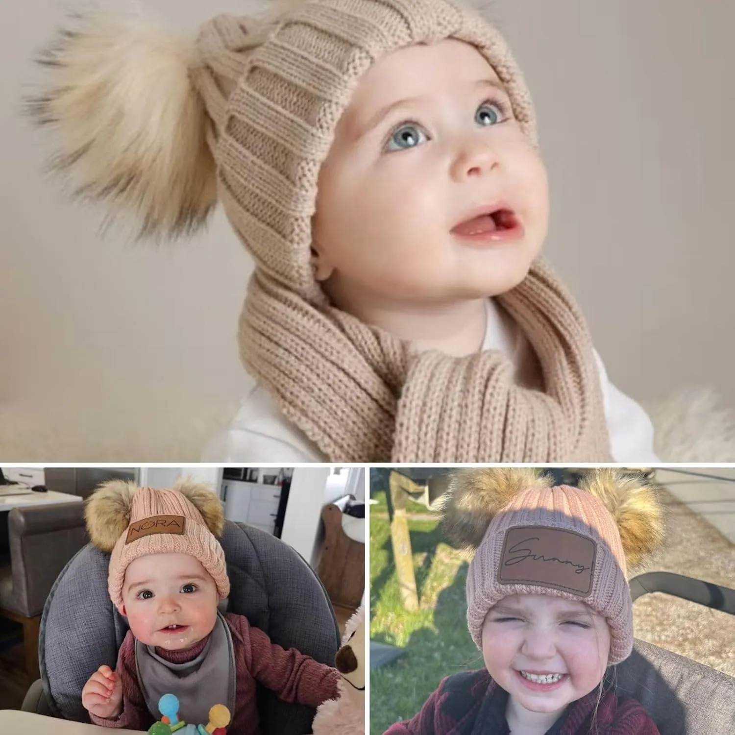 Custom Winter Beanie Hat, Customized Name Pom Pom Beanies Cap, Matching Knitted Hats for Baby Kid Adult