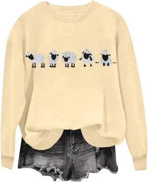 Cute Farm Animal Sweatshirt for Womens Funny Cute Sheep Animal Graphic Shirts Long Sleeve Crewneck Pullover Tops