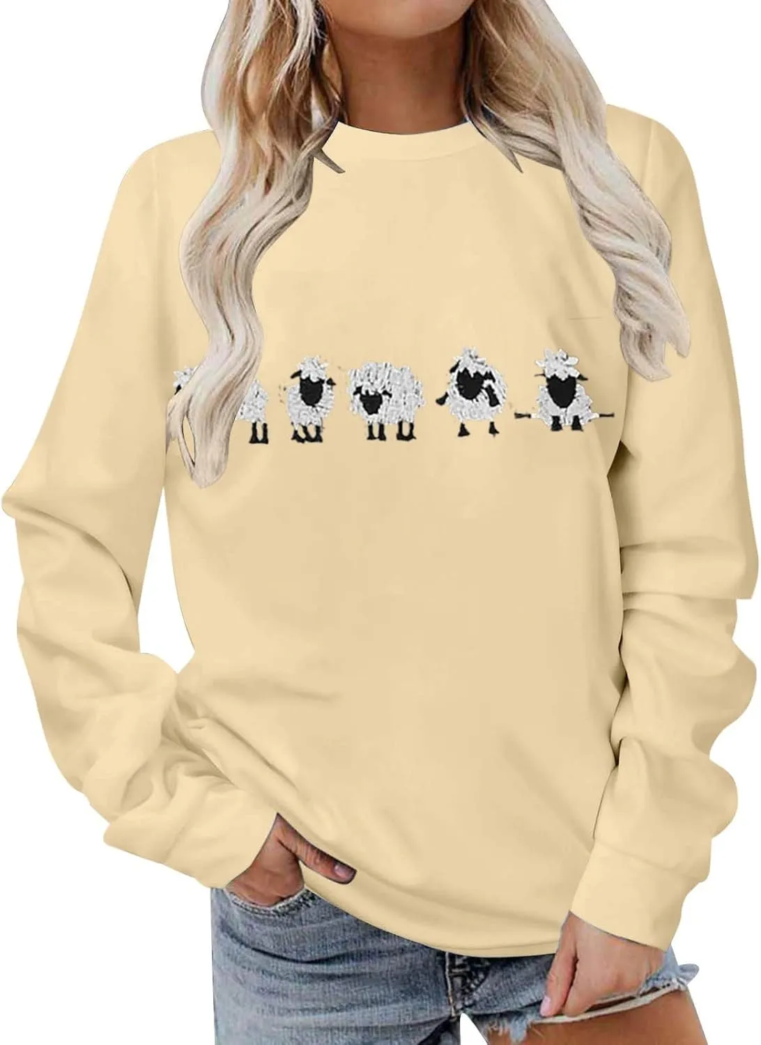 Cute Farm Animal Sweatshirt for Womens Funny Cute Sheep Animal Graphic Shirts Long Sleeve Crewneck Pullover Tops
