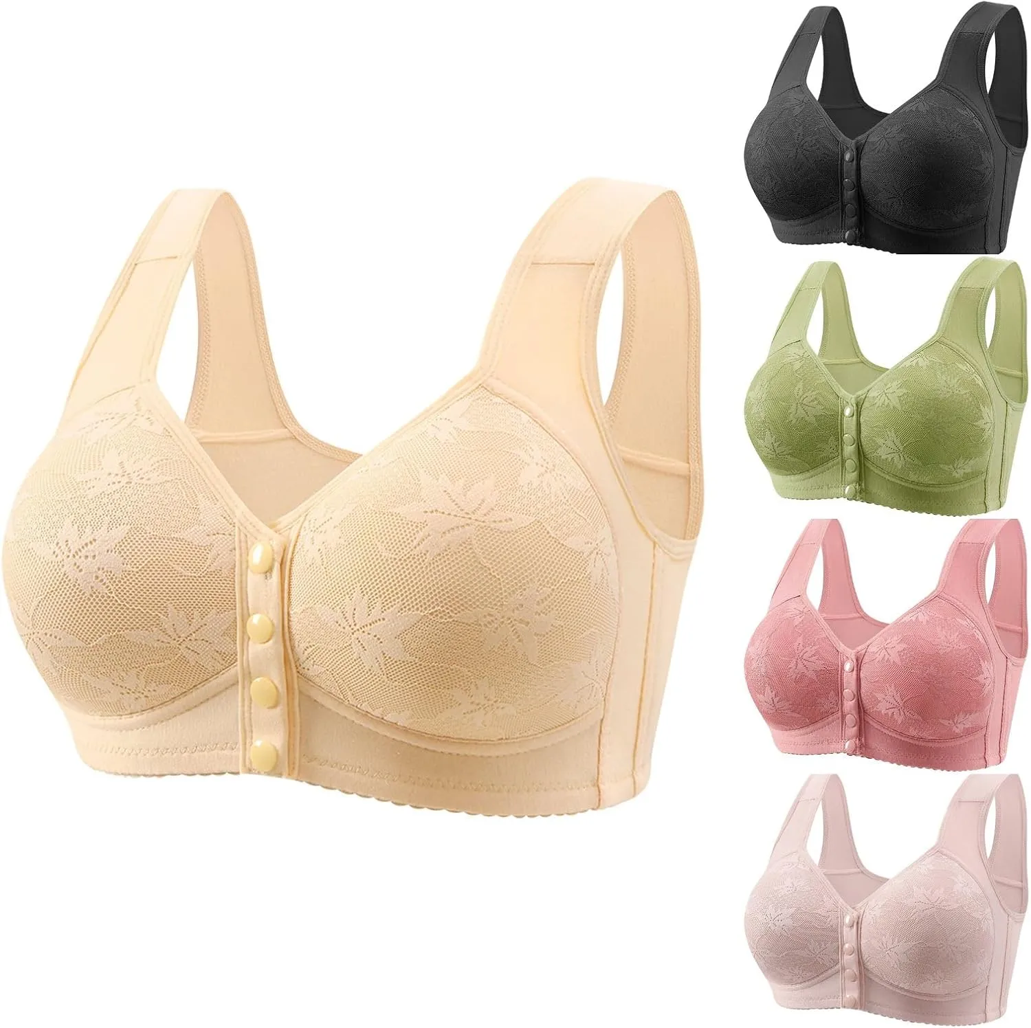 Daisy Bras for Women Plus Size Wireless Front Button Closure Lace Bra Push Up Full Support Breathable Bralettes