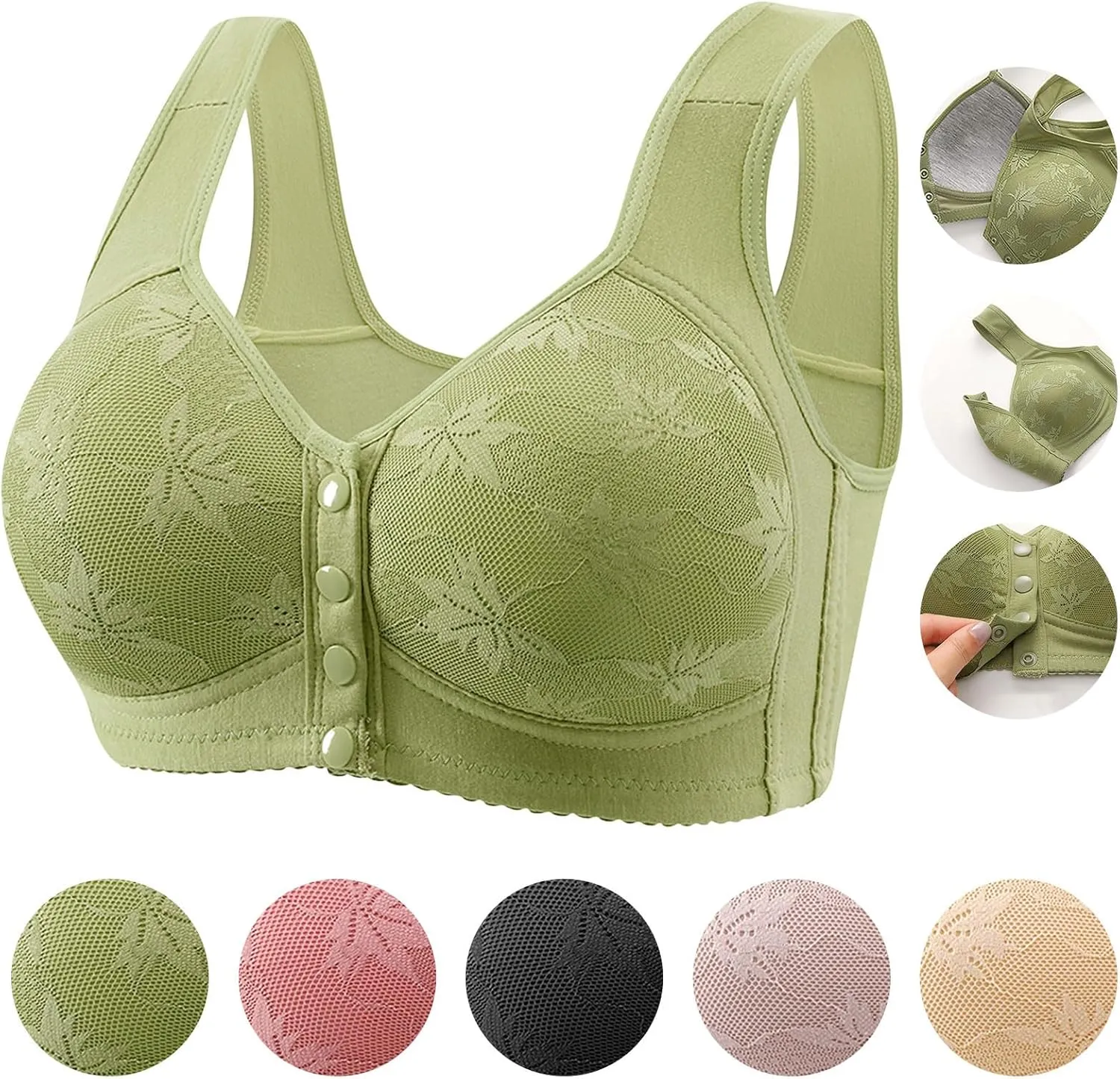 Daisy Bras for Women Plus Size Wireless Front Button Closure Lace Bra Push Up Full Support Breathable Bralettes