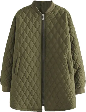 DGHM-JLMY Women Jacquard Casual Long Thin Baseball Coat Diamond Quilted Lightweight Puffer Jacket Thickened Warm Down Jacket