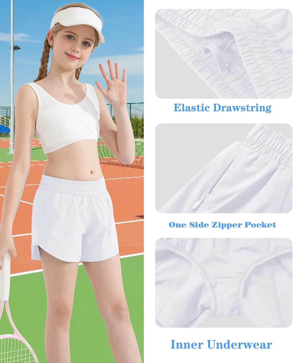 DOCUMO Girl's Athletic Shorts with Liner Zipper Pockets Quick Dry Running Shorts Sports Active Shorts for Teen Girls