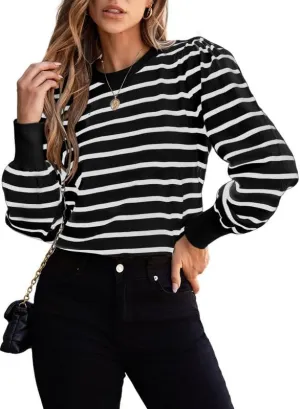 Dokotoo Women's Striped Sweaters Puff Long Sleeve Crewneck Ribbed Knit Pullover Jumper Tops