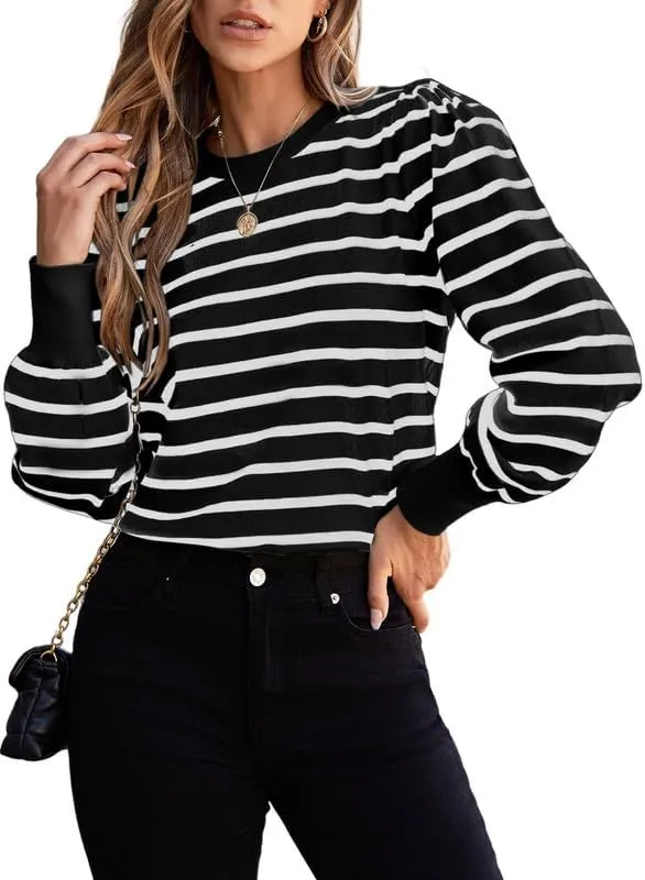 Dokotoo Women's Striped Sweaters Puff Long Sleeve Crewneck Ribbed Knit Pullover Jumper Tops