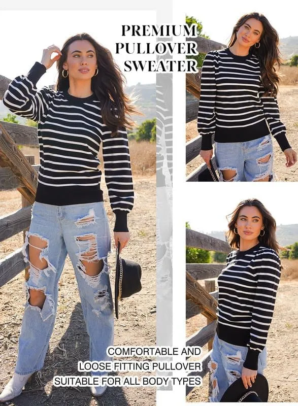 Dokotoo Women's Striped Sweaters Puff Long Sleeve Crewneck Ribbed Knit Pullover Jumper Tops
