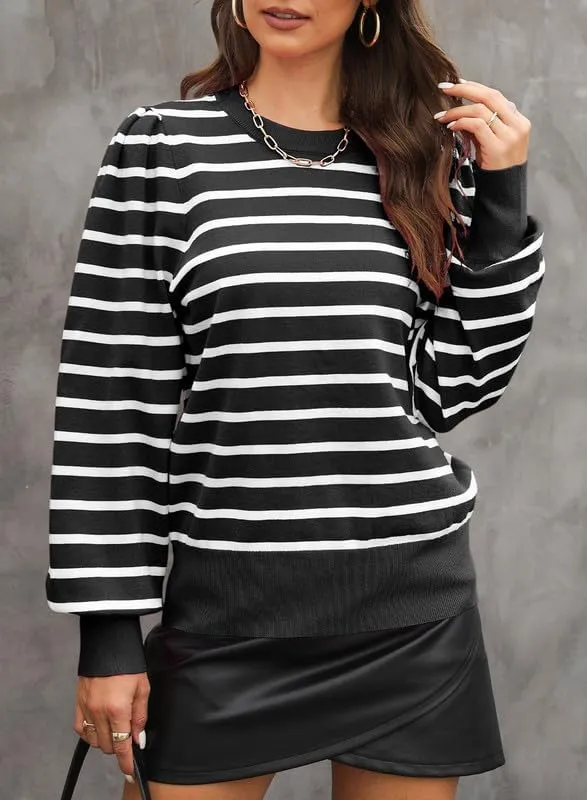 Dokotoo Women's Striped Sweaters Puff Long Sleeve Crewneck Ribbed Knit Pullover Jumper Tops