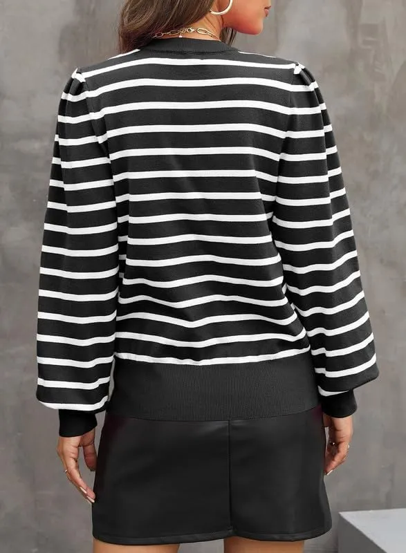 Dokotoo Women's Striped Sweaters Puff Long Sleeve Crewneck Ribbed Knit Pullover Jumper Tops