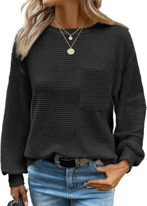 Dokotoo Womens Tops 2025 Oversized Long Sleeve Crewneck Waffle Knit Shirts Business Casual Blouses Basic Shirts