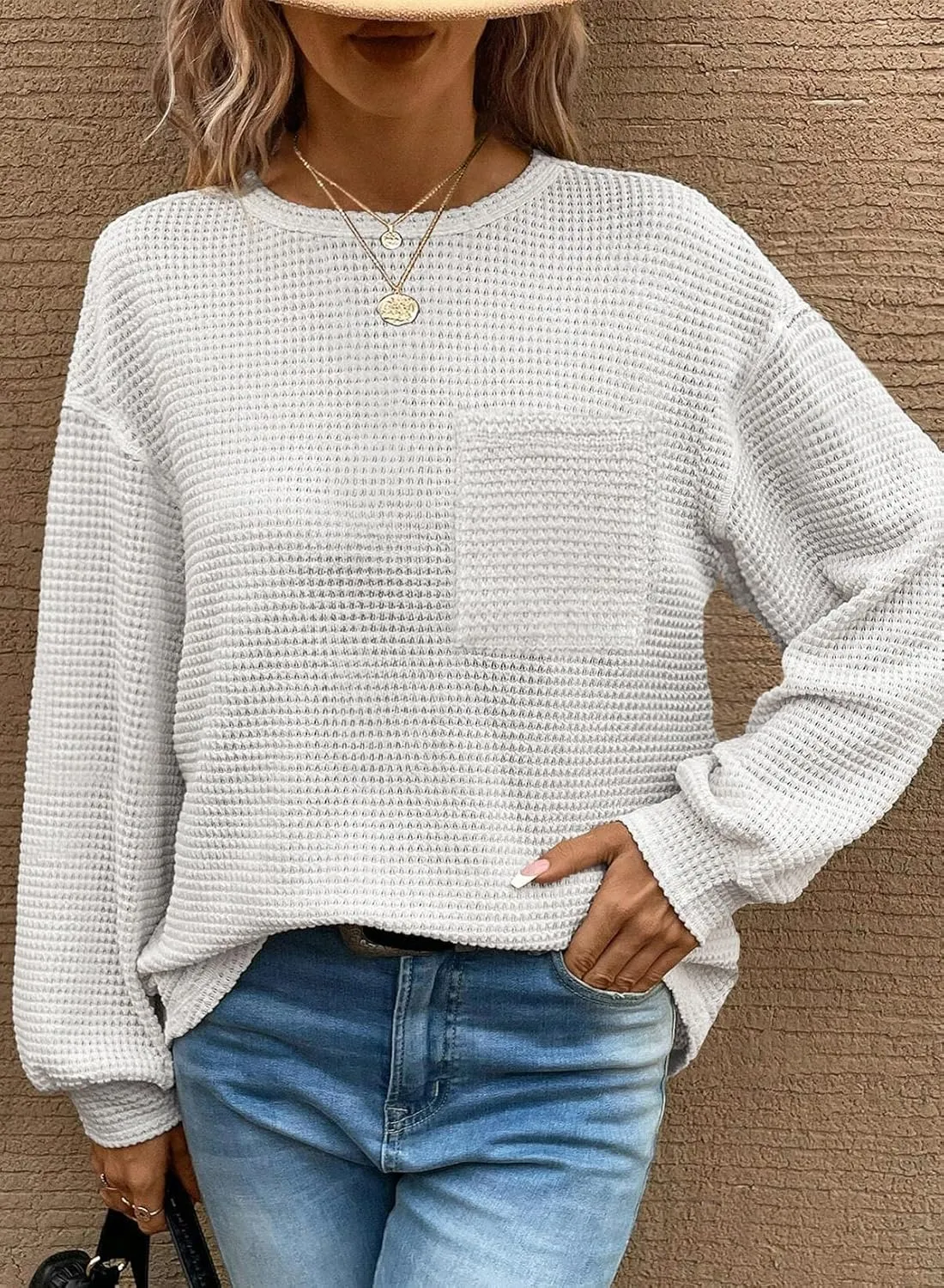 Dokotoo Womens Tops 2025 Oversized Long Sleeve Crewneck Waffle Knit Shirts Business Casual Blouses Basic Shirts
