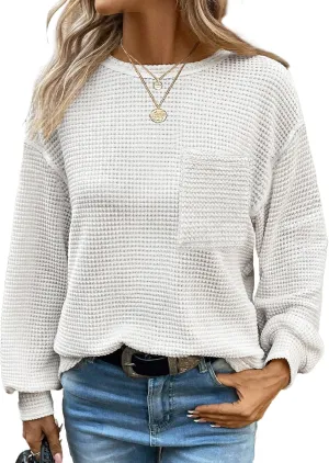 Dokotoo Womens Tops 2025 Oversized Long Sleeve Crewneck Waffle Knit Shirts Business Casual Blouses Basic Shirts