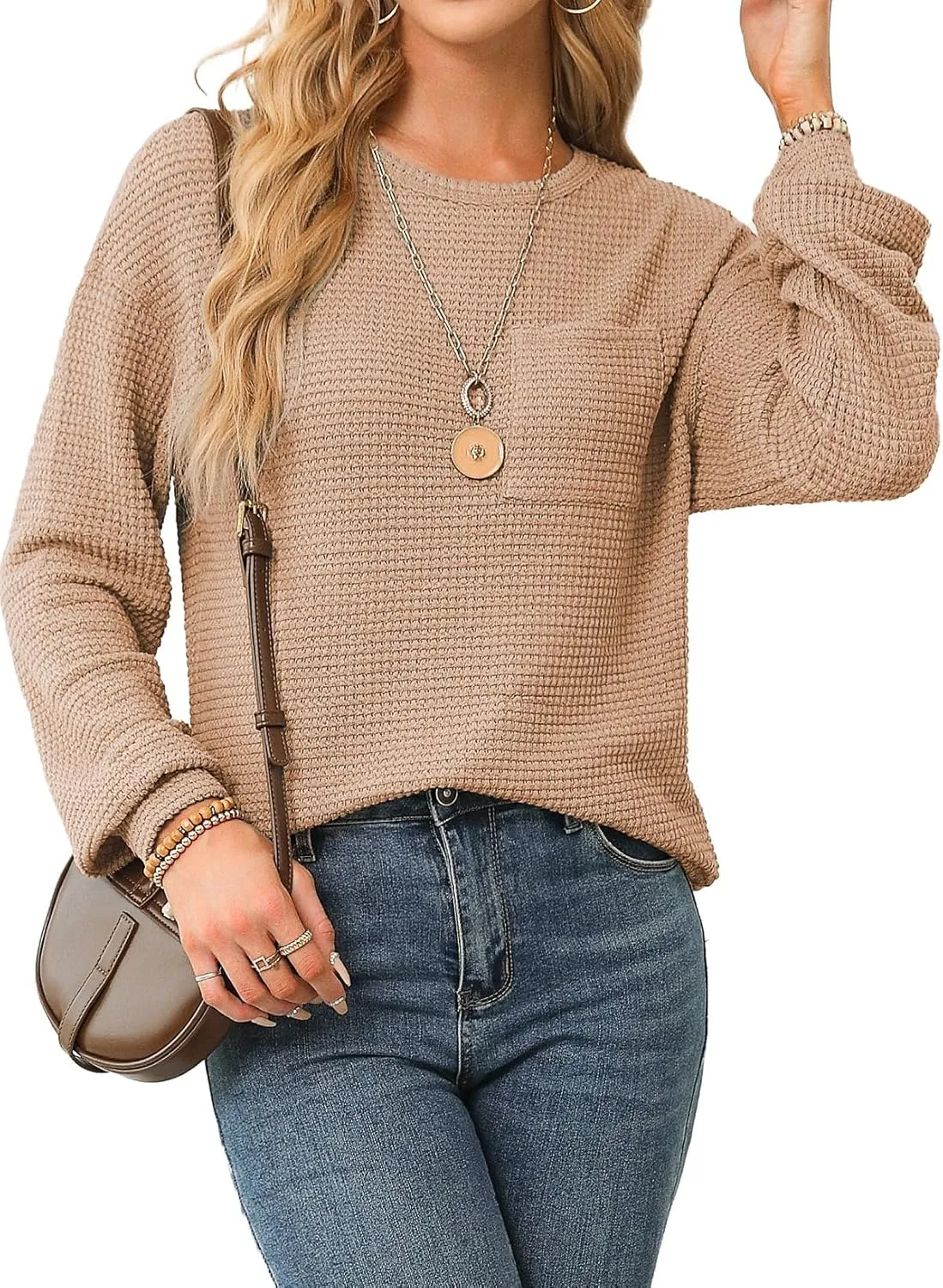 Dokotoo Womens Tops 2025 Oversized Long Sleeve Crewneck Waffle Knit Shirts Business Casual Blouses Basic Shirts